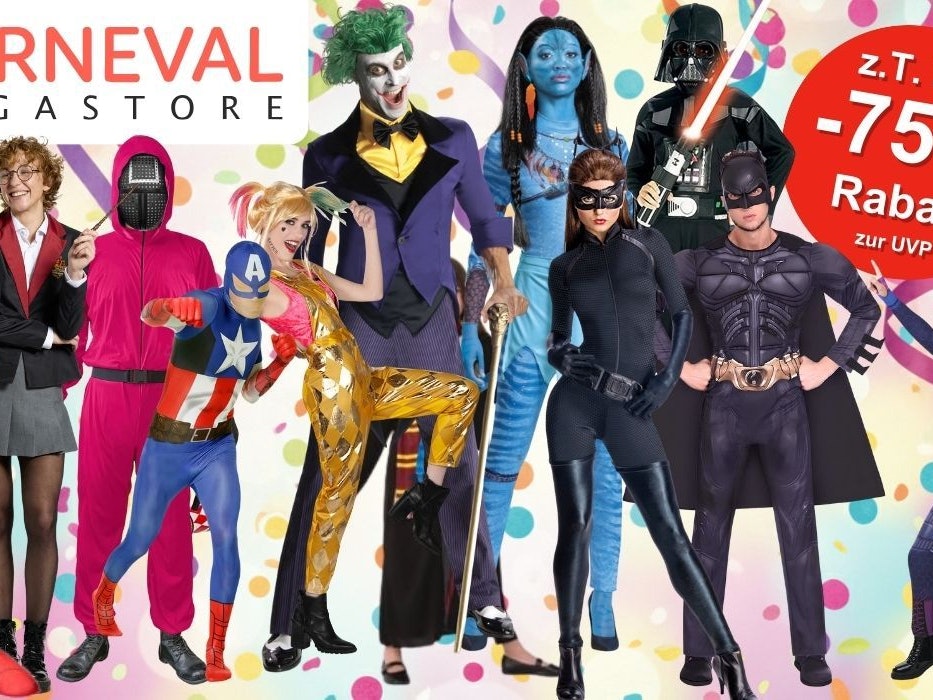 Karnevalskostüme aus Filmen und Serien für Damen, Herren und Kinder von Squid Game, Star Wars, Batman, Joker, Harley Quinn, Harry Potter, Captain Amarica, Avatar vor buntem Hintergrund mit Konfetti und Luftschlangen.