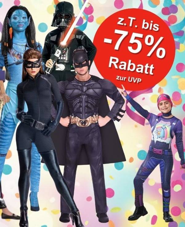 Karnevalskostüme aus Filmen und Serien für Damen, Herren und Kinder von Squid Game, Star Wars, Batman, Joker, Harley Quinn, Harry Potter, Captain Amarica, Avatar vor buntem Hintergrund mit Konfetti und Luftschlangen.