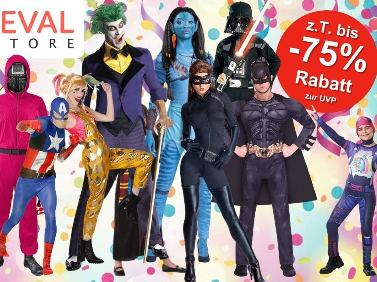 Karnevalskostüme aus Filmen und Serien für Damen, Herren und Kinder von Squid Game, Star Wars, Batman, Joker, Harley Quinn, Harry Potter, Captain Amarica, Avatar vor buntem Hintergrund mit Konfetti und Luftschlangen.