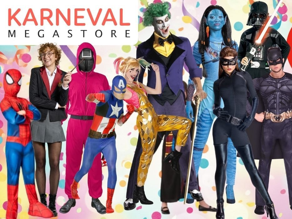 Karnevalskostüme aus Filmen und Serien für Damen, Herren und Kinder von Squid Game, Star Wars, Batman, Joker, Harley Quinn, Harry Potter, Captain Amarica, Avatar vor buntem Hintergrund mit Konfetti und Luftschlangen.