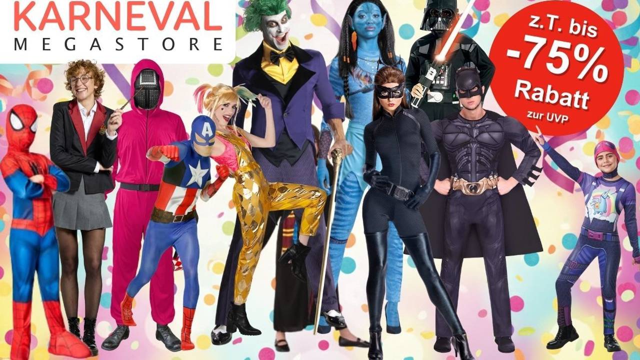Karnevalskostüme aus Filmen und Serien für Damen, Herren und Kinder von Squid Game, Star Wars, Batman, Joker, Harley Quinn, Harry Potter, Captain Amarica, Avatar vor buntem Hintergrund mit Konfetti und Luftschlangen.