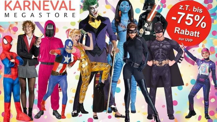 Karnevalskostüme aus Filmen und Serien für Damen, Herren und Kinder von Squid Game, Star Wars, Batman, Joker, Harley Quinn, Harry Potter, Captain Amarica, Avatar vor buntem Hintergrund mit Konfetti und Luftschlangen.