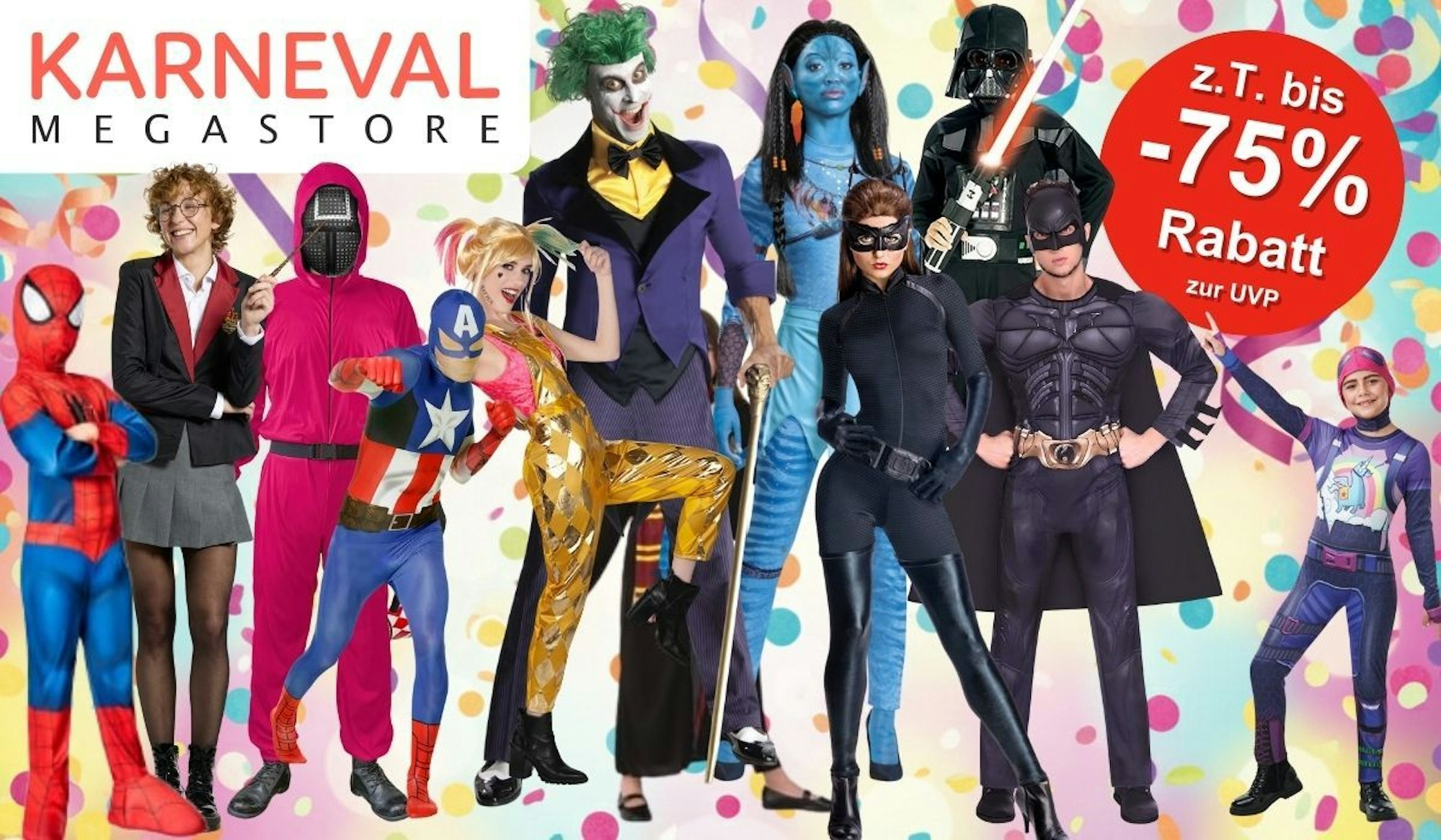 Karnevalskostüme aus Filmen und Serien für Damen, Herren und Kinder von Squid Game, Star Wars, Batman, Joker, Harley Quinn, Harry Potter, Captain Amarica, Avatar vor buntem Hintergrund mit Konfetti und Luftschlangen.