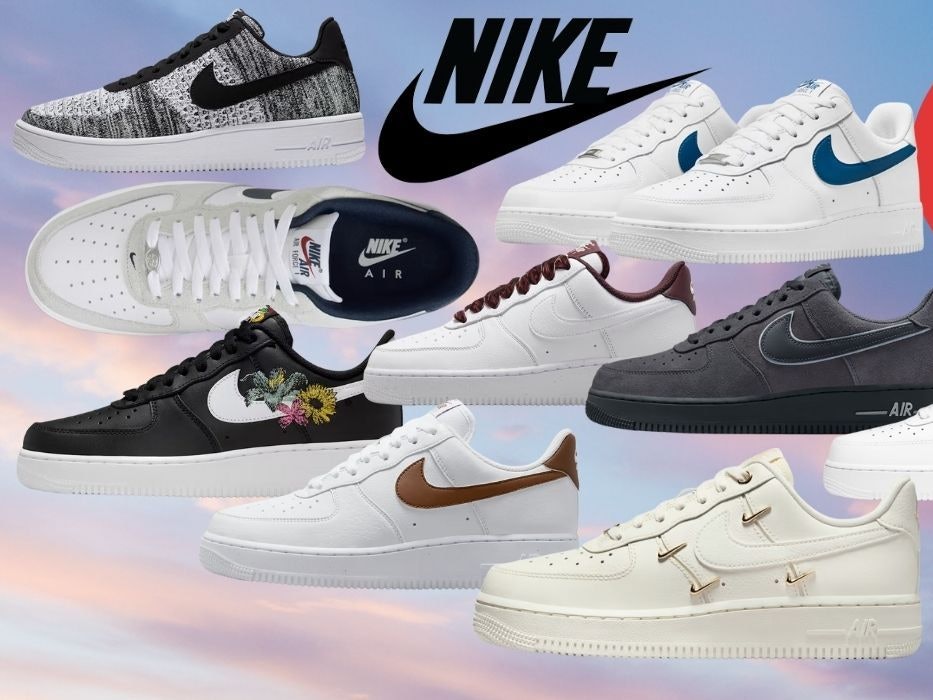 Nike Air Force 1 Sneaker in verschiedenen Farben und Designs vor einem Hintergrund eines Himmels mit Wolken in der Abenddämmerung.