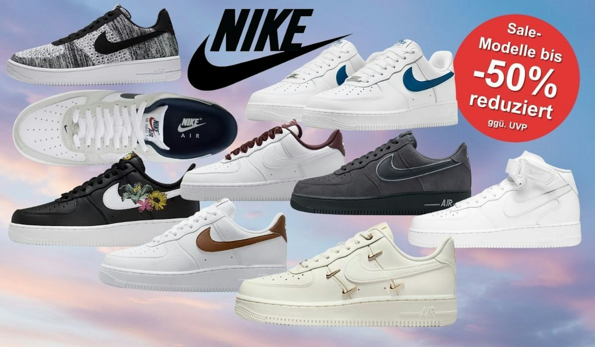 Nike Air Force 1 Sneaker in verschiedenen Farben und Designs vor einem Hintergrund eines Himmels mit Wolken in der Abenddämmerung.