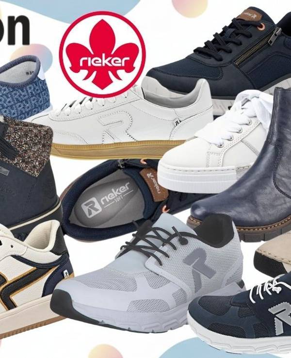 Rieker Sneaker und flache und halbhohe Halbschuhe vor einem Hintergrund mit pastellfarbenen Flächen.