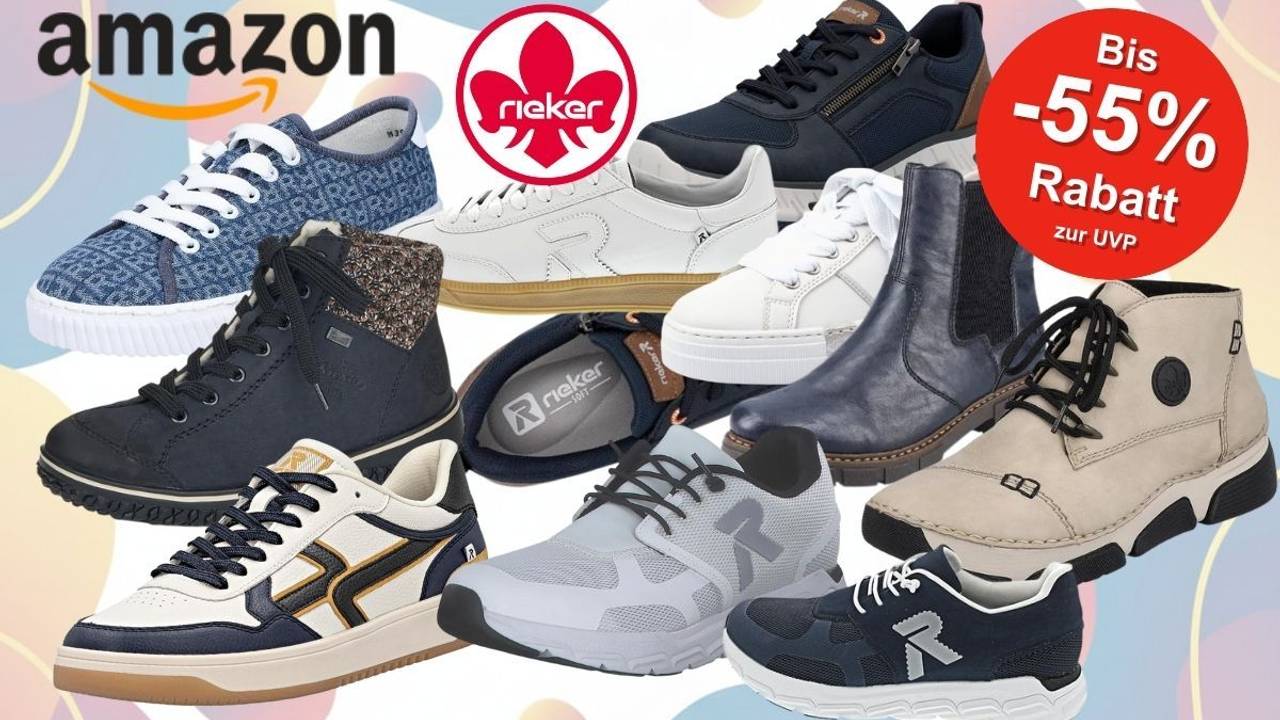 Rieker Sneaker und flache und halbhohe Halbschuhe vor einem Hintergrund mit pastellfarbenen Flächen.