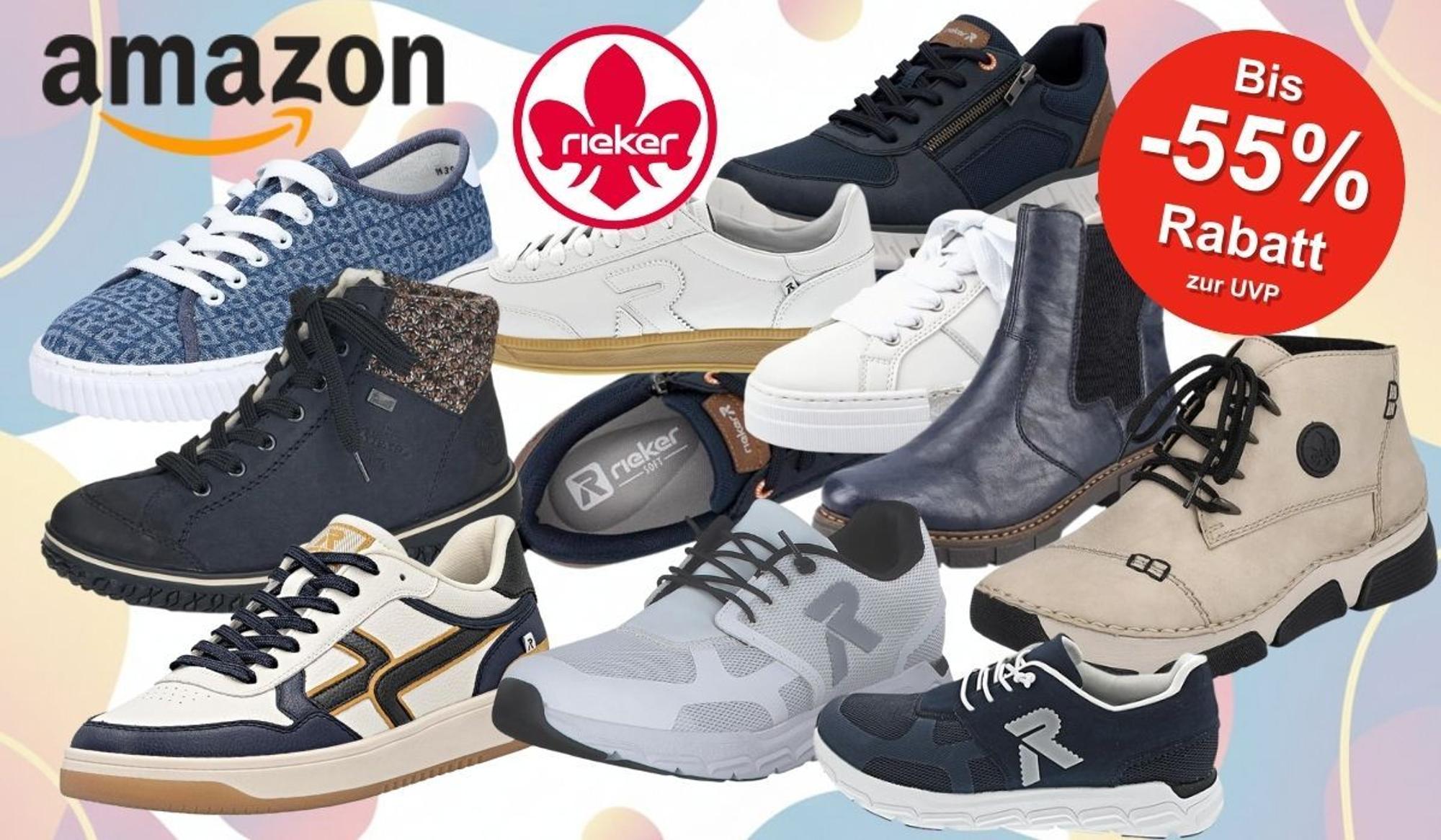 Rieker Sneaker und flache und halbhohe Halbschuhe vor einem Hintergrund mit pastellfarbenen Flächen.