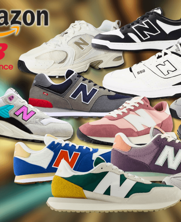 New Balance Sneaker vor einem bunten Hintergrund.