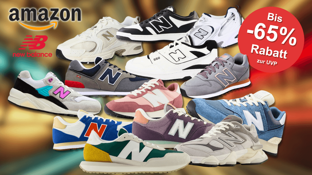 New Balance Sneaker vor einem bunten Hintergrund.