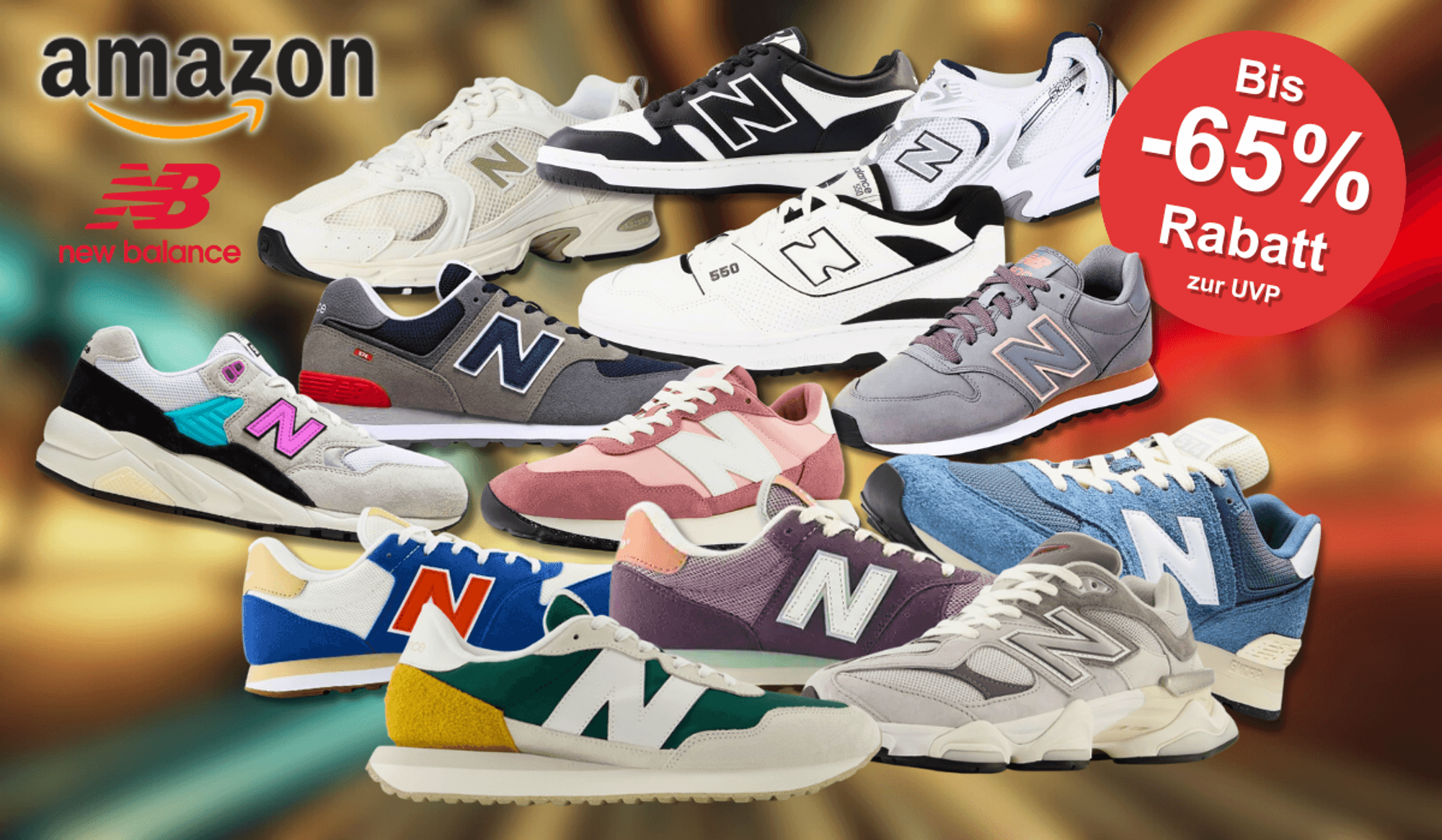 New Balance Sneaker vor einem bunten Hintergrund.