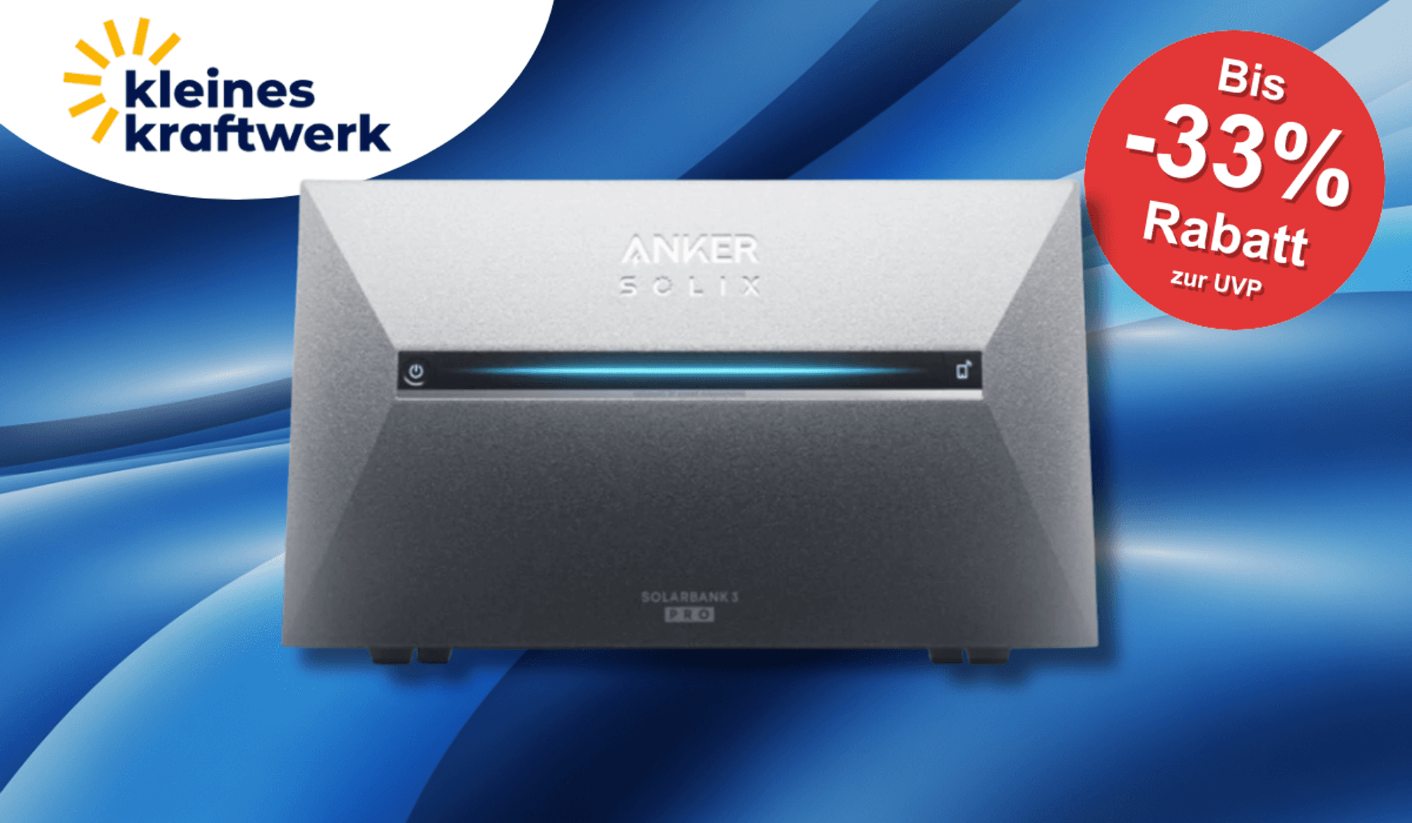 Ein Produktbild von der Anker Solarbank 3 vor einem blauen Hintergrund.