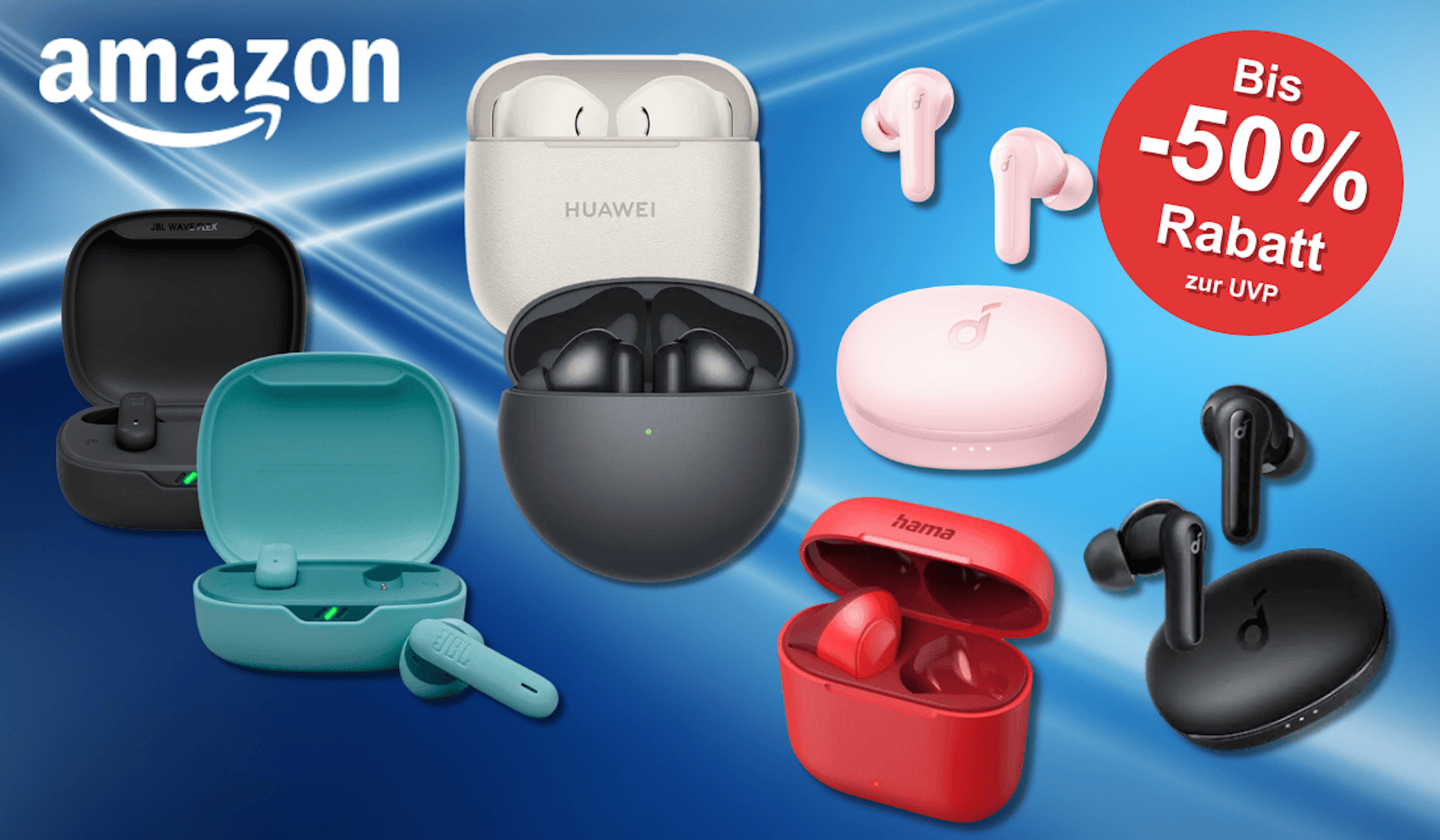 Verschiedene Kopfhörer von JBL, Huawei, Soundcore und Co. vor einem blauen Hintergrundbild.
