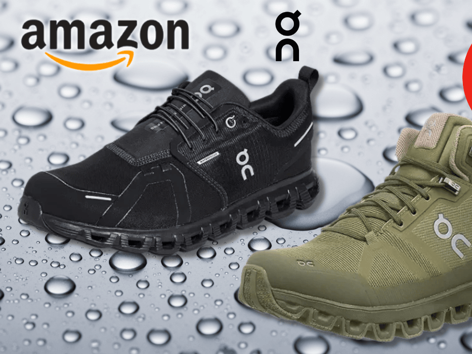 Die neuen wasserdichten On Sneaker vor einem Hintergrund mit Regentropfen.