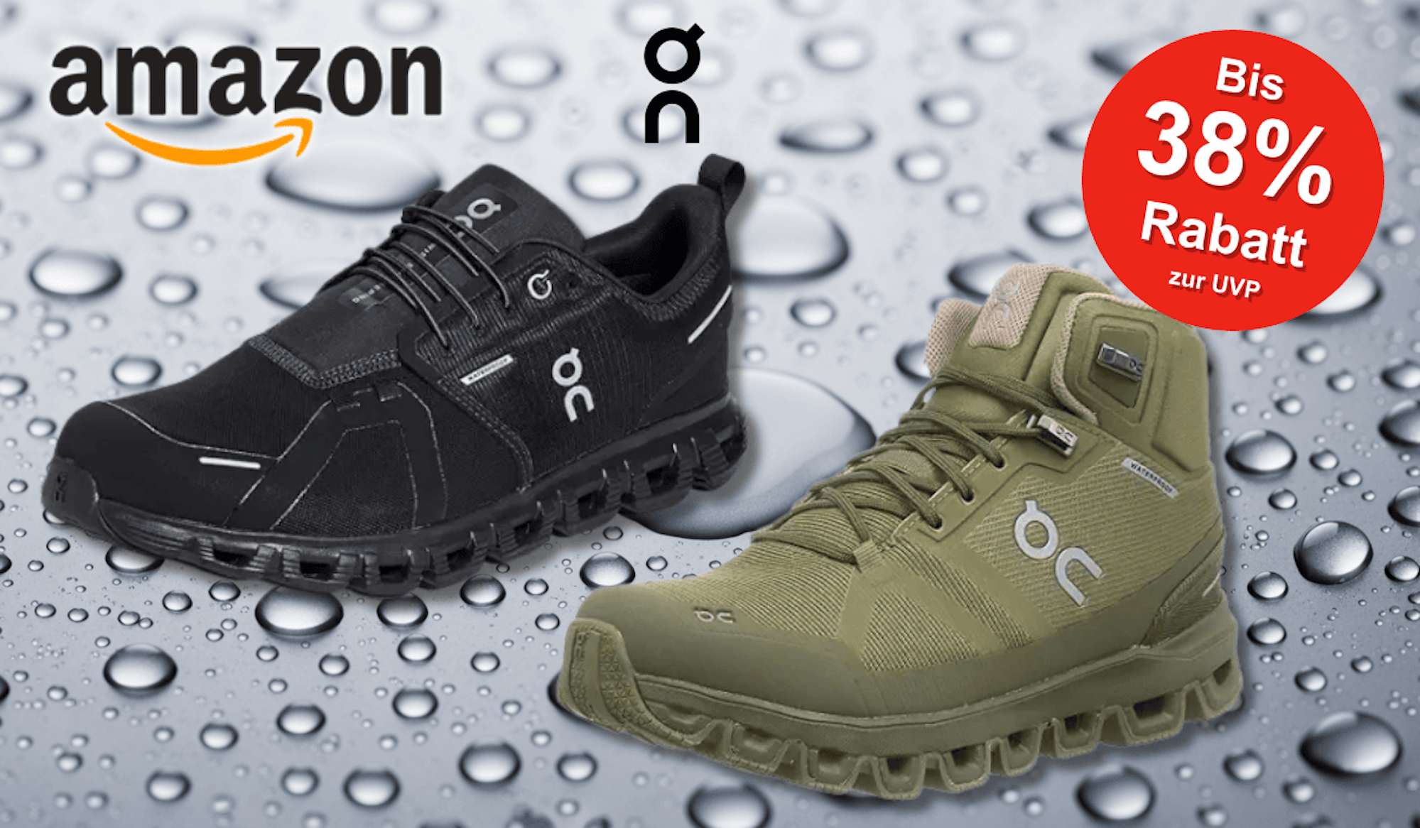Die neuen wasserdichten On Sneaker vor einem Hintergrund mit Regentropfen.