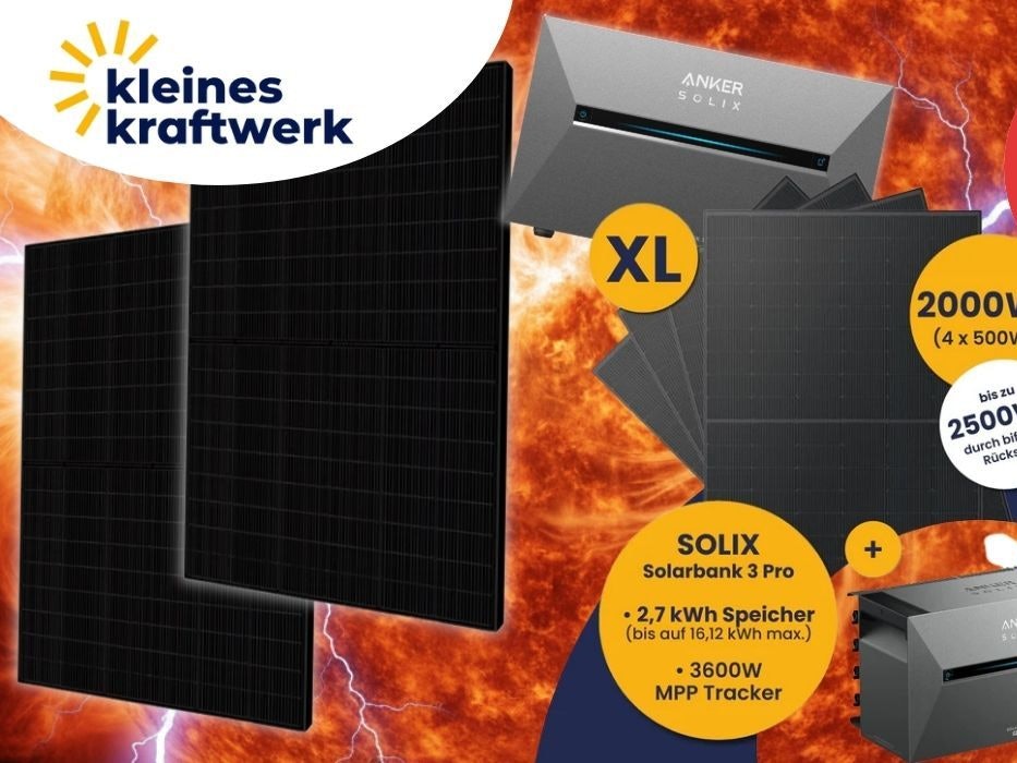 Kleines Kraftwerk Balkonkraftwerke mit Anker Solix Solarbank 3 Pro und Solar-Panelen vor dem glühenden Hitzeball der Sonne, daneben elektrische Entladungen als weiß-blaue Blitze.