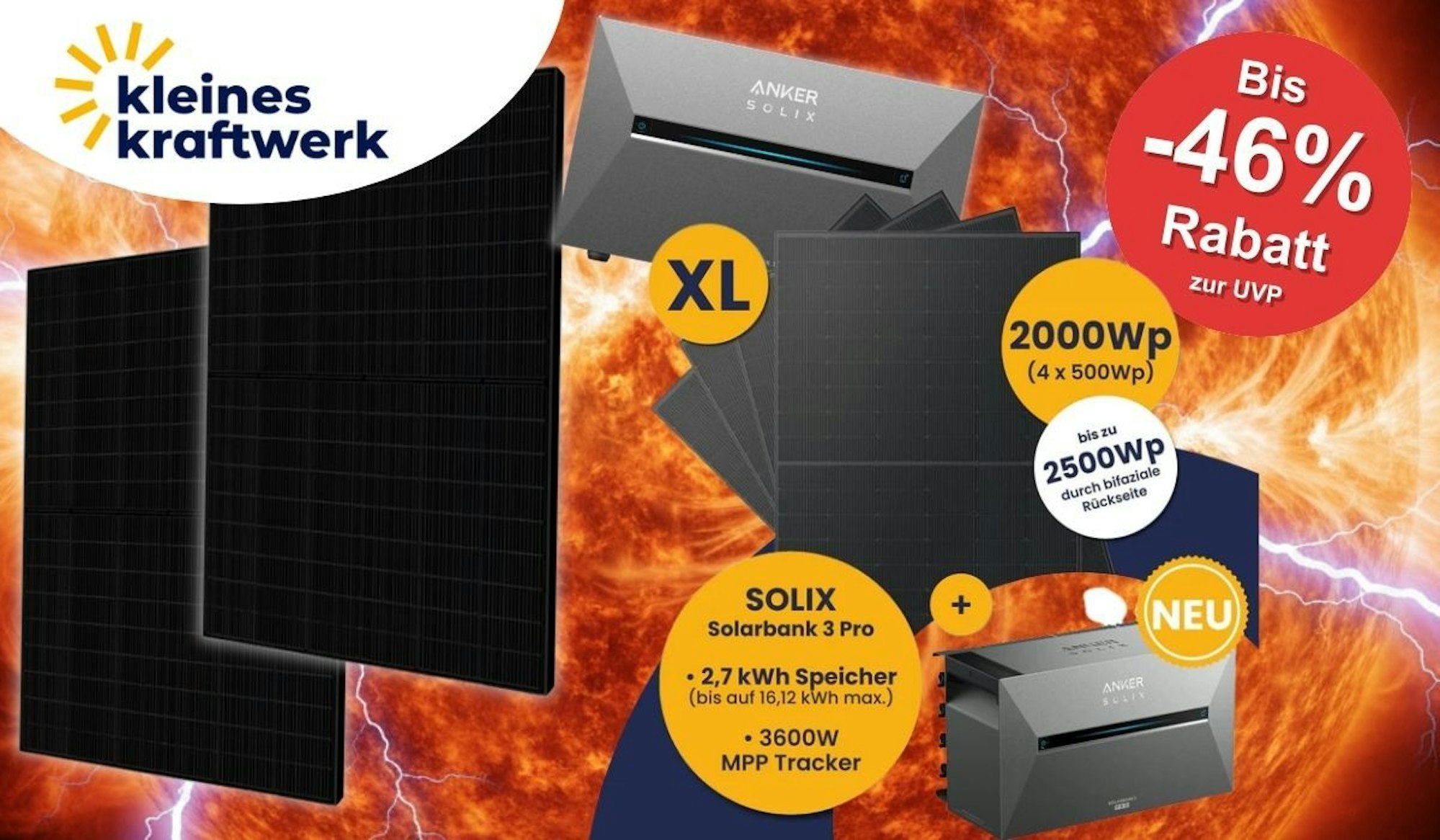 Kleines Kraftwerk Balkonkraftwerke mit Anker Solix Solarbank 3 Pro und Solar-Panelen vor dem glühenden Hitzeball der Sonne, daneben elektrische Entladungen als weiß-blaue Blitze.