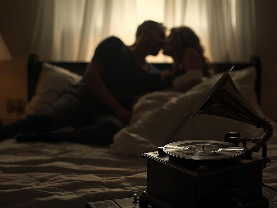 Paar im Bett, daneben ein Plattenspieler im Bett.