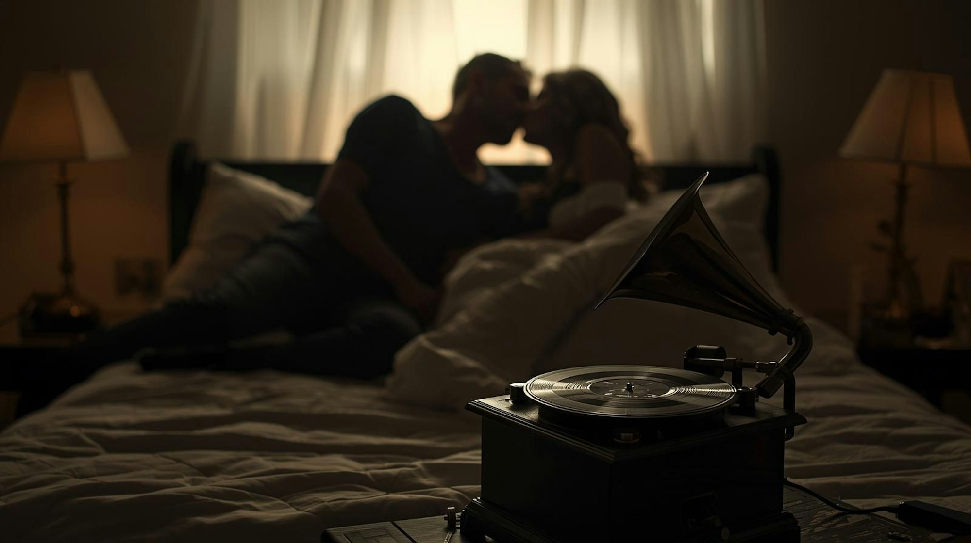 Paar im Bett, daneben ein Plattenspieler im Bett.