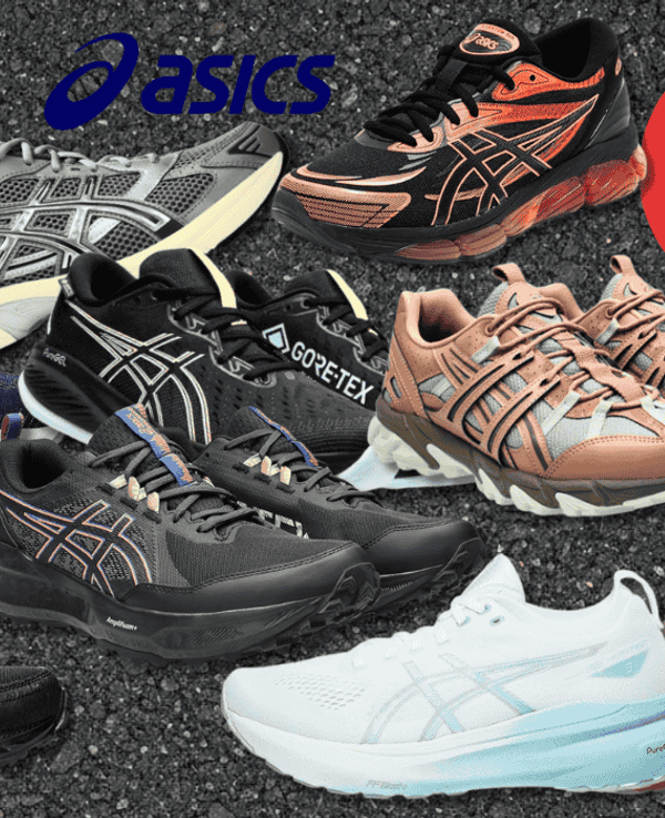 Eine Auswahl an Asics Sneakern vor einem Asphalt-Hintergrund.