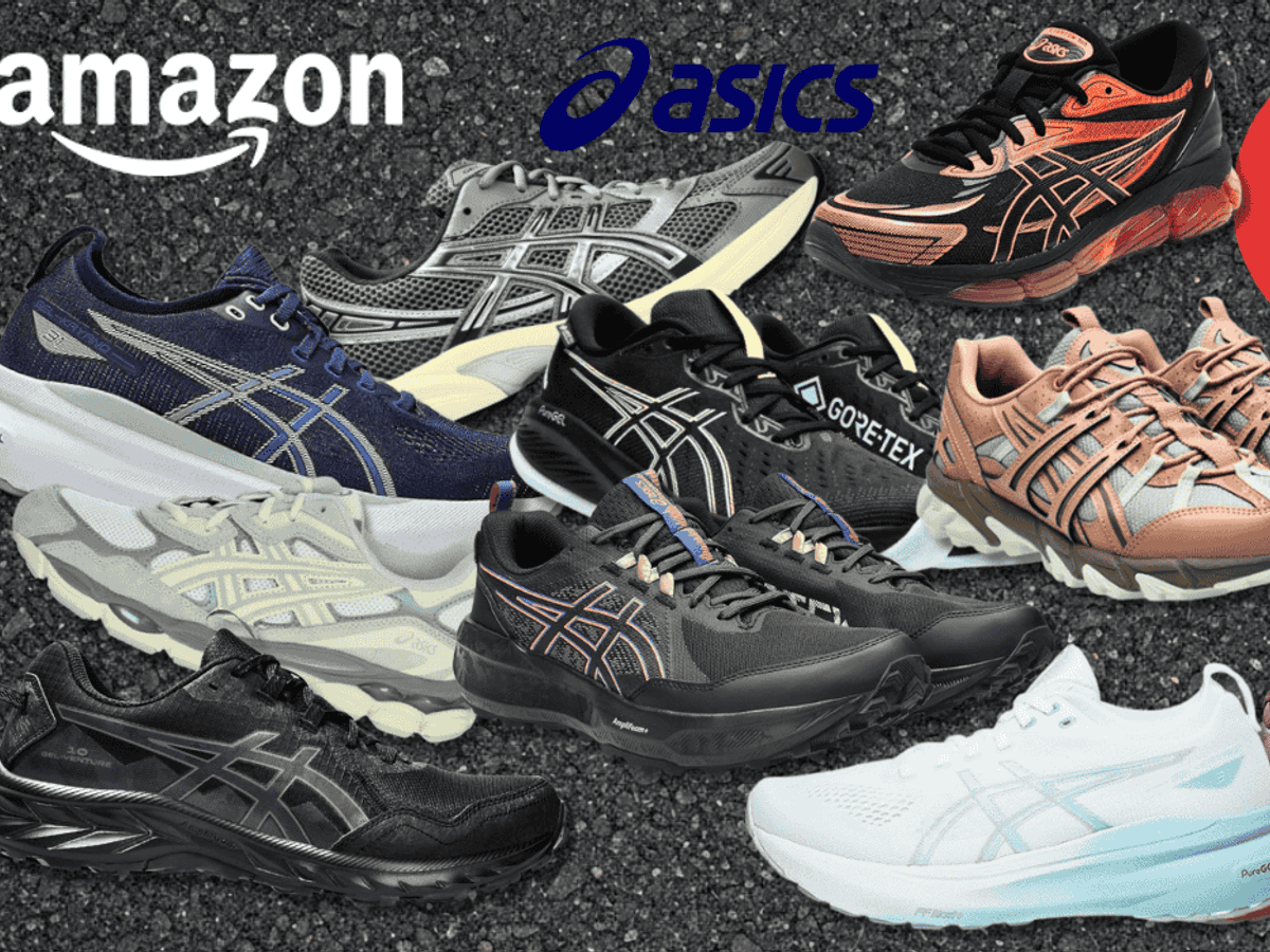 Eine Auswahl an Asics Sneakern vor einem Asphalt-Hintergrund.