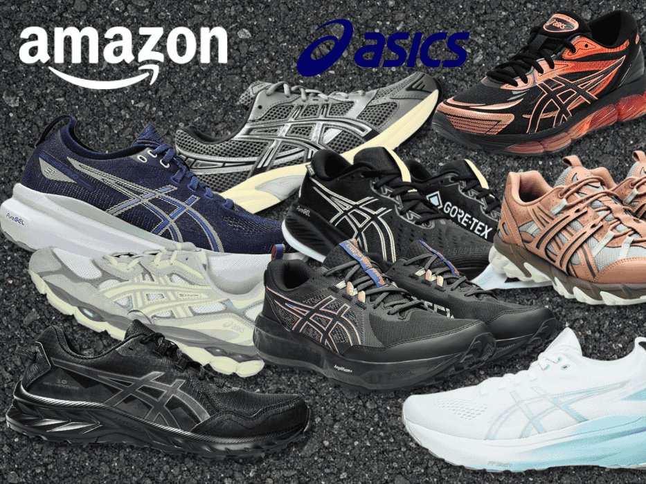 Eine Auswahl an Asics Sneakern vor einem Asphalt-Hintergrund.