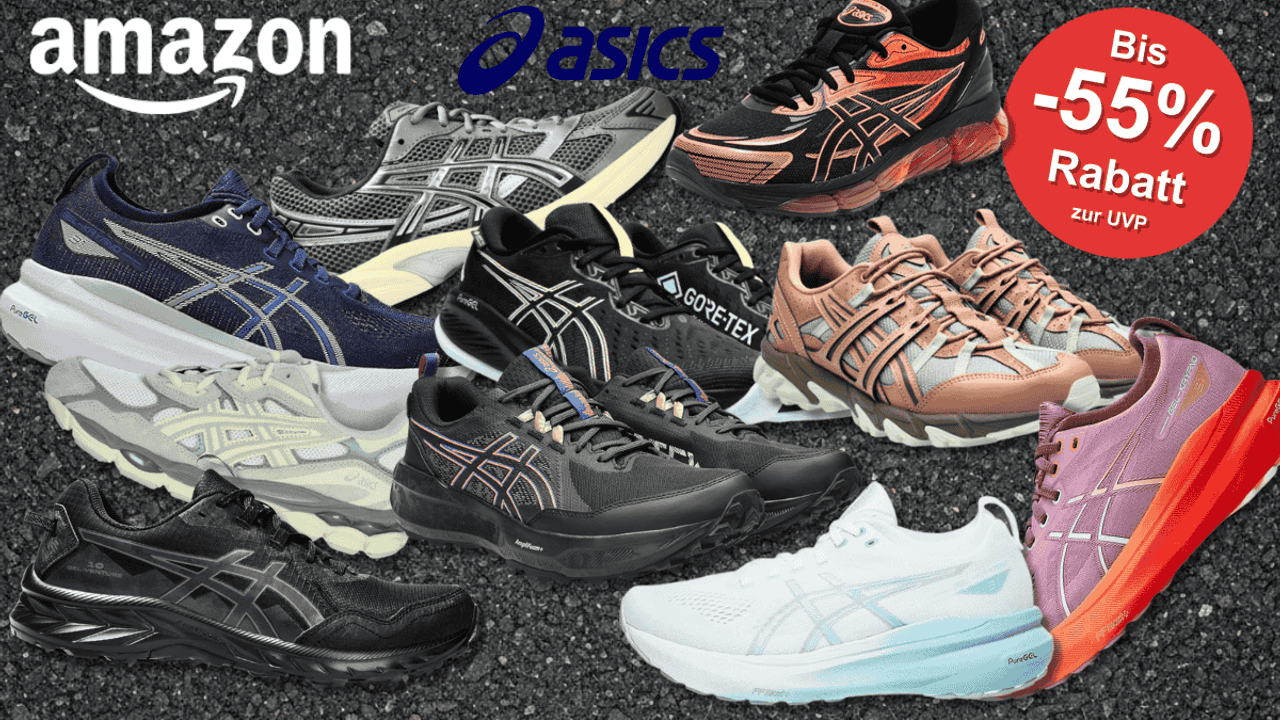 Eine Auswahl an Asics Sneakern vor einem Asphalt-Hintergrund.