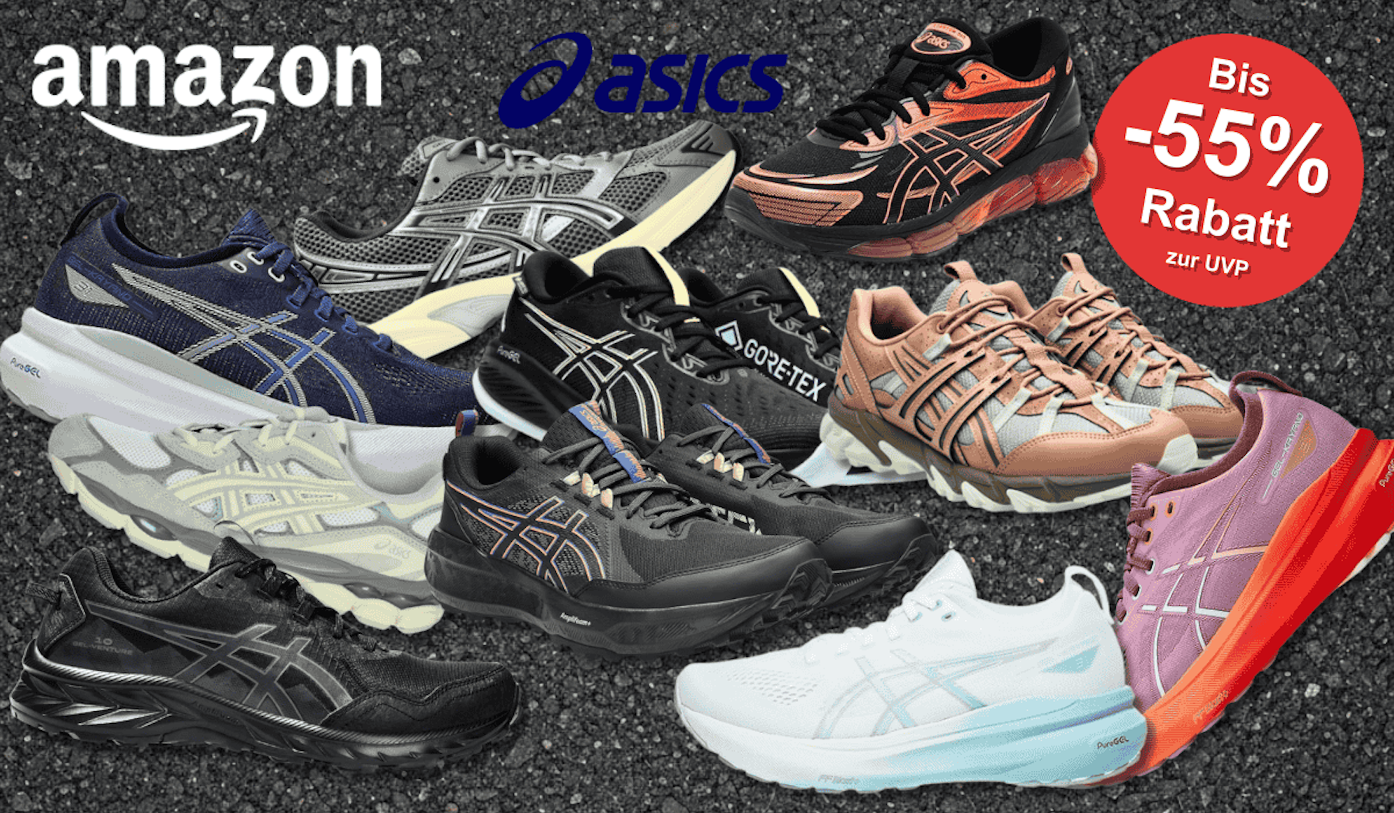 Eine Auswahl an Asics Sneakern vor einem Asphalt-Hintergrund.