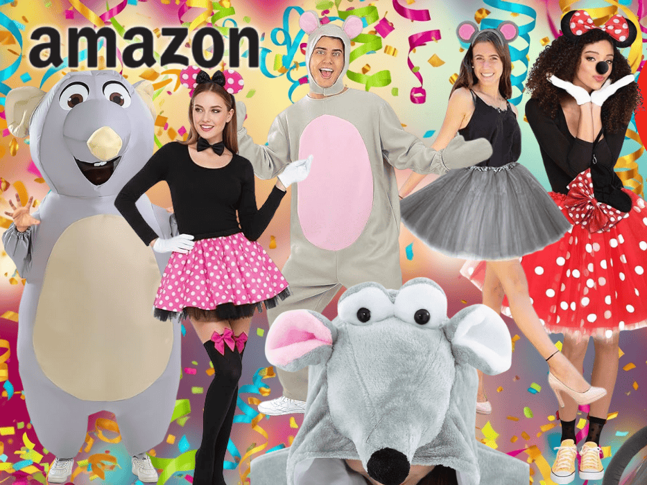 Gezeigt werden verschiedene Maus‑Kostüme vor einem festlichen Hintergrund.