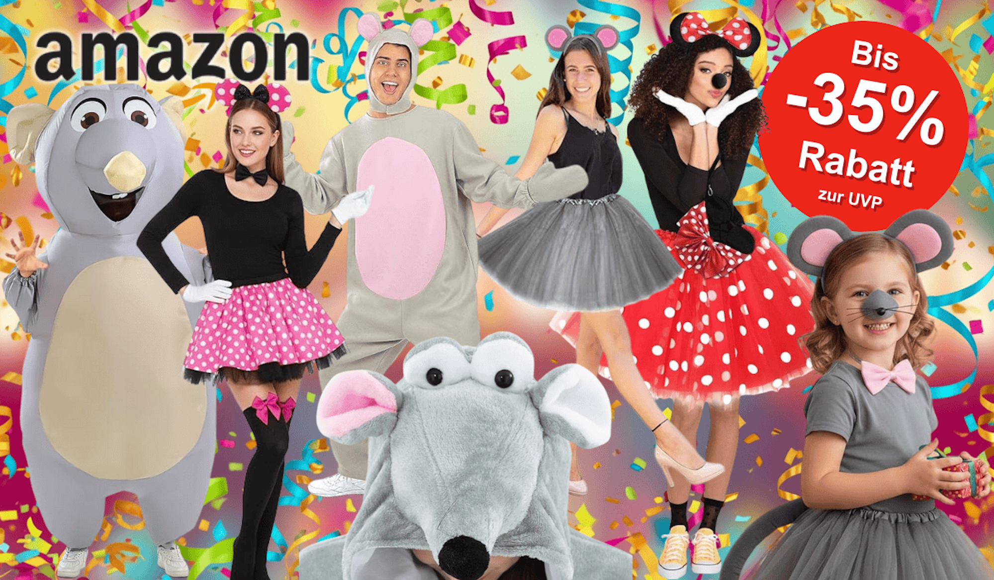 Gezeigt werden verschiedene Maus‑Kostüme vor einem festlichen Hintergrund.