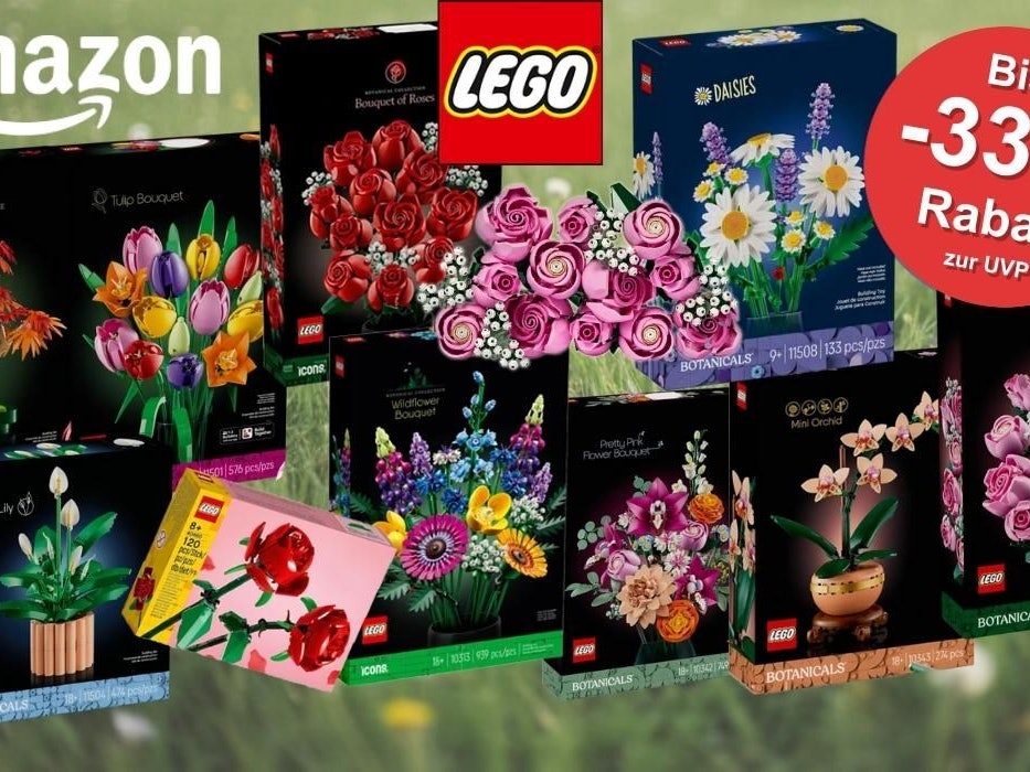 Lego Rosa Rosenstrauß, Schöner Rosafarbener Blumenstrauß, Lego Rosenstrauß und Rosen, Tulpenstrauß, Japanischer Roter Ahorn – Bonsai-Baum, Friedenslilie, Gänseblümchen, Lego Botanicals Mini-Orchidee, Lego Wildblumenstrauß vor Hintergrund einer grünen Wiese.