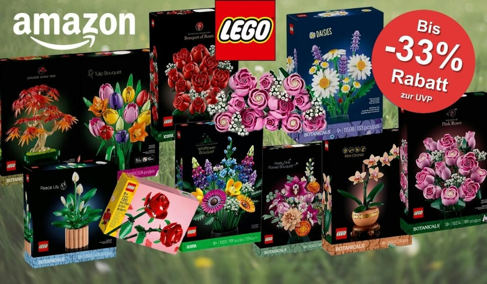 Lego Rosa Rosenstrauß, Schöner Rosafarbener Blumenstrauß, Lego Rosenstrauß und Rosen, Tulpenstrauß, Japanischer Roter Ahorn – Bonsai-Baum, Friedenslilie, Gänseblümchen, Lego Botanicals Mini-Orchidee, Lego Wildblumenstrauß vor Hintergrund einer grünen Wiese.