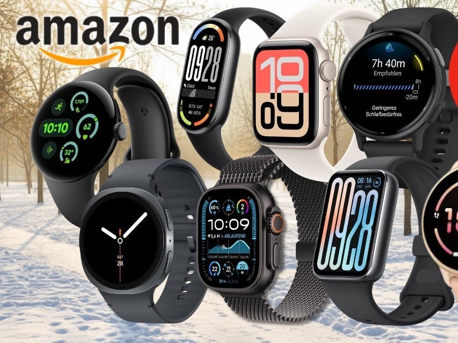 Smartwatches von Apple, Samsung, Garmin, Google, Xiaomi vor einem Stadtpark mit Schnee im Winter mit Sportgerüsten an einem sonnigen Nachmittag.