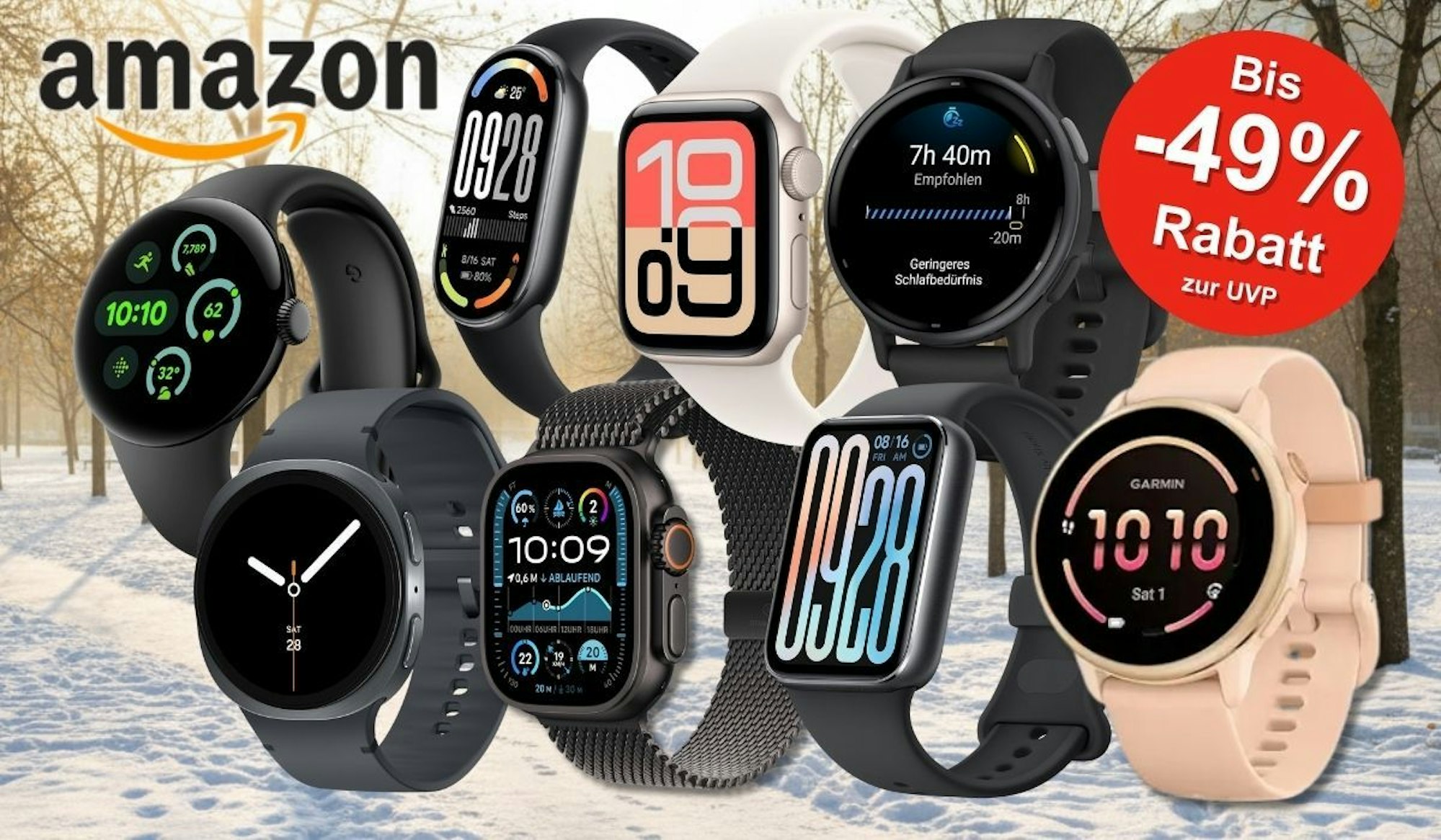 Smartwatches von Apple, Samsung, Garmin, Google, Xiaomi vor einem Stadtpark mit Schnee im Winter mit Sportgerüsten an einem sonnigen Nachmittag.