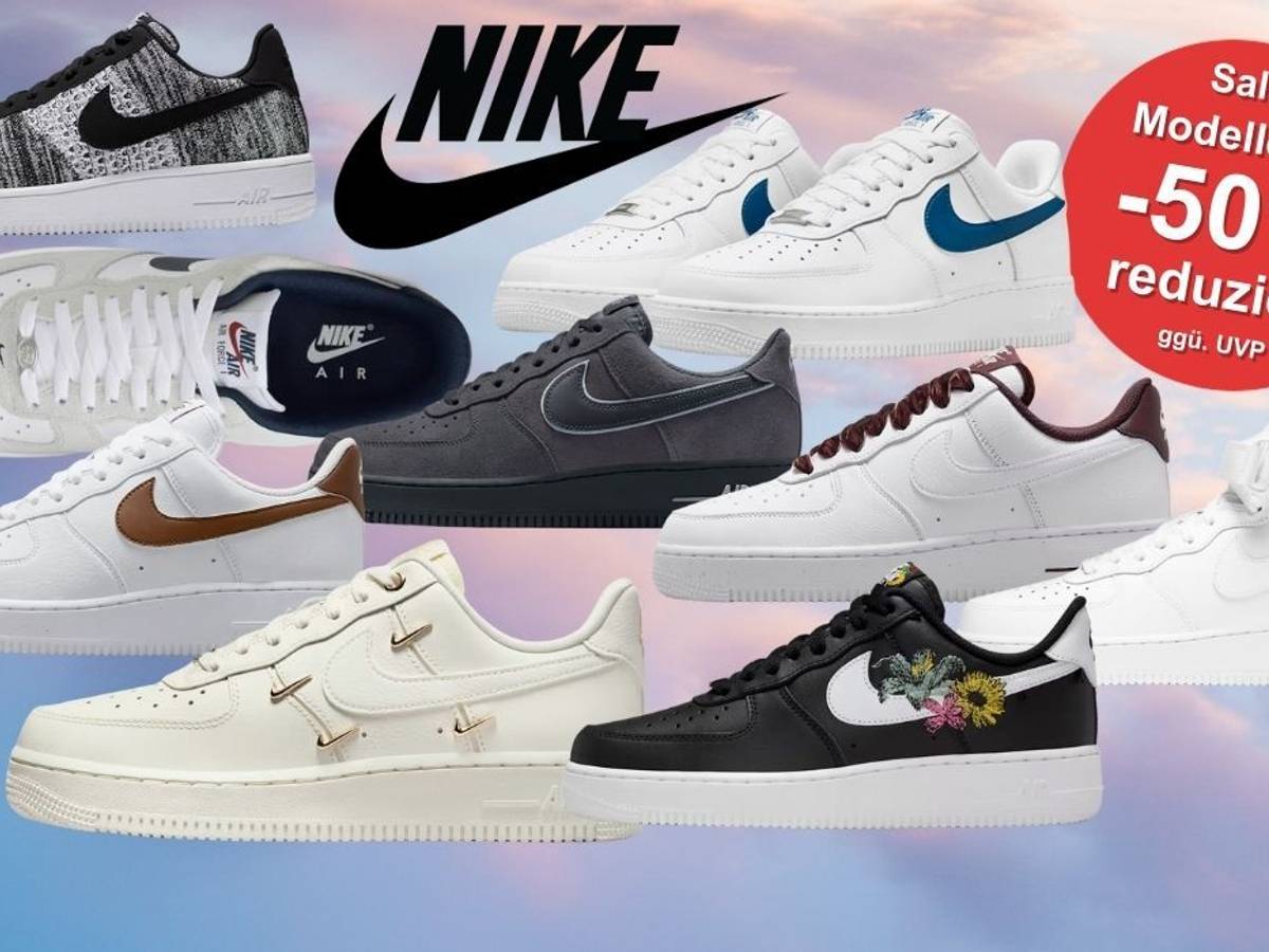Nike Air Force 1 Schuhe und Sneaker Modelle vor einem blau-rosa Wolkenhimmel in der Morgendämmerung.