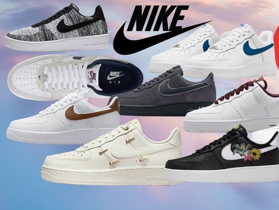 Nike Air Force 1 Schuhe und Sneaker Modelle vor einem blau-rosa Wolkenhimmel in der Morgendämmerung.