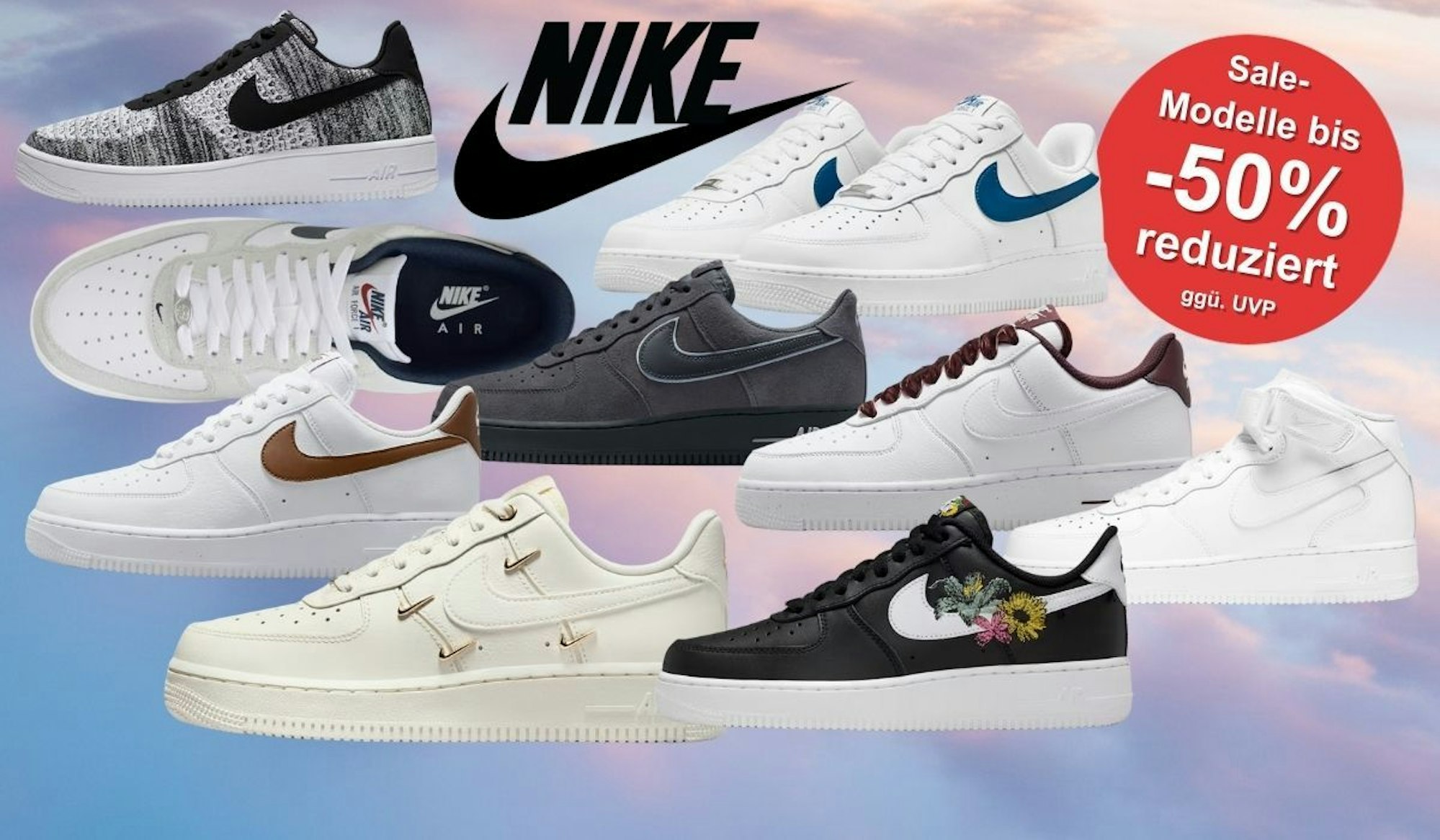 Nike Air Force 1 Schuhe und Sneaker Modelle vor einem blau-rosa Wolkenhimmel in der Morgendämmerung.