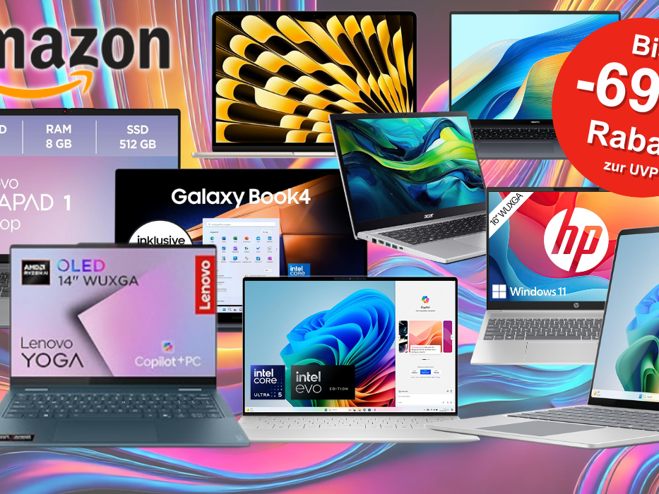 Darstellung verschiedener Laptop Modelle vor einem bunten Hintergrund in Wellen Optik.