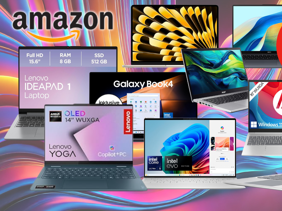 Darstellung verschiedener Laptop Modelle vor einem bunten Hintergrund in Wellen Optik.