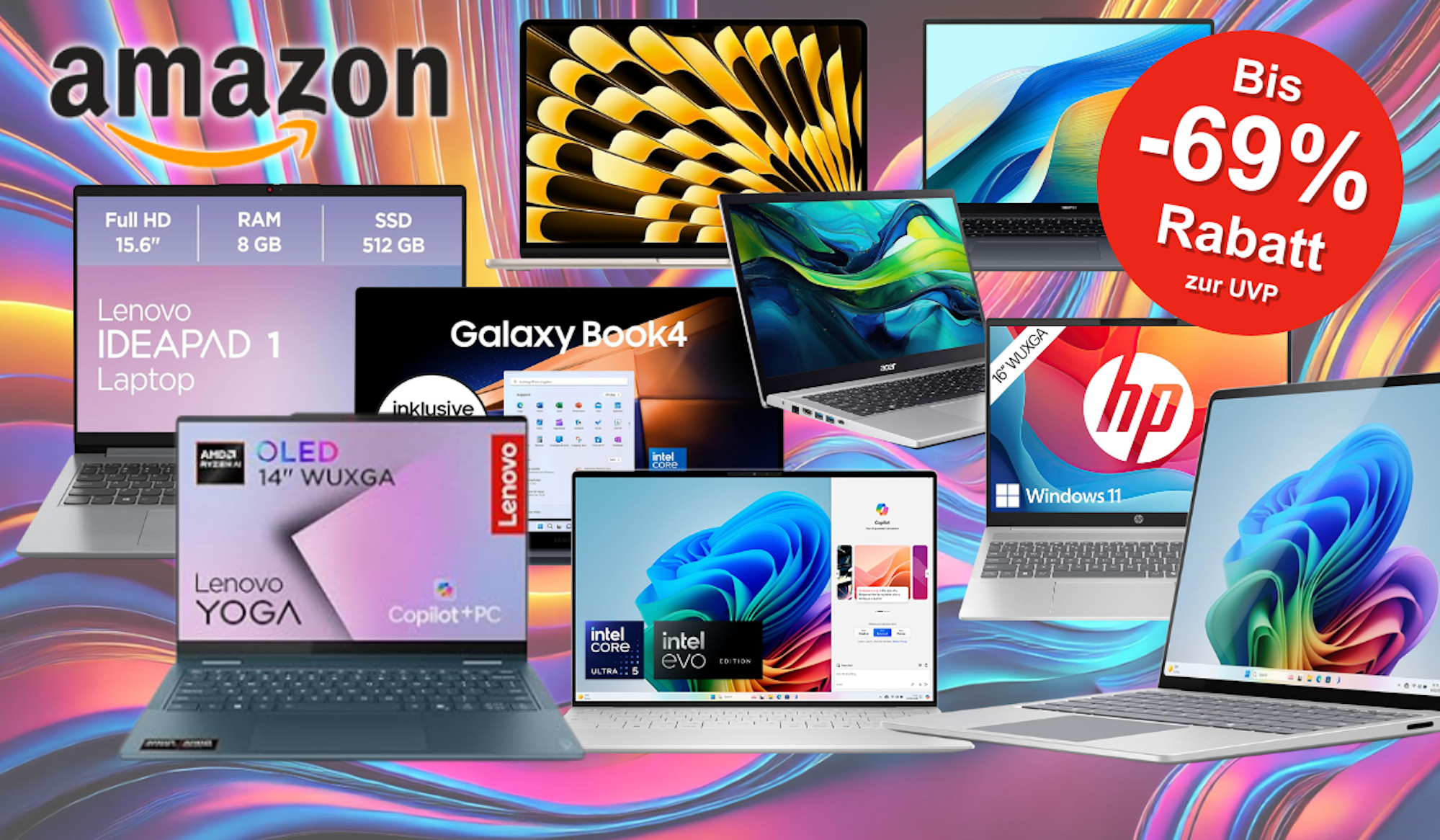 Darstellung verschiedener Laptop Modelle vor einem bunten Hintergrund in Wellen Optik.