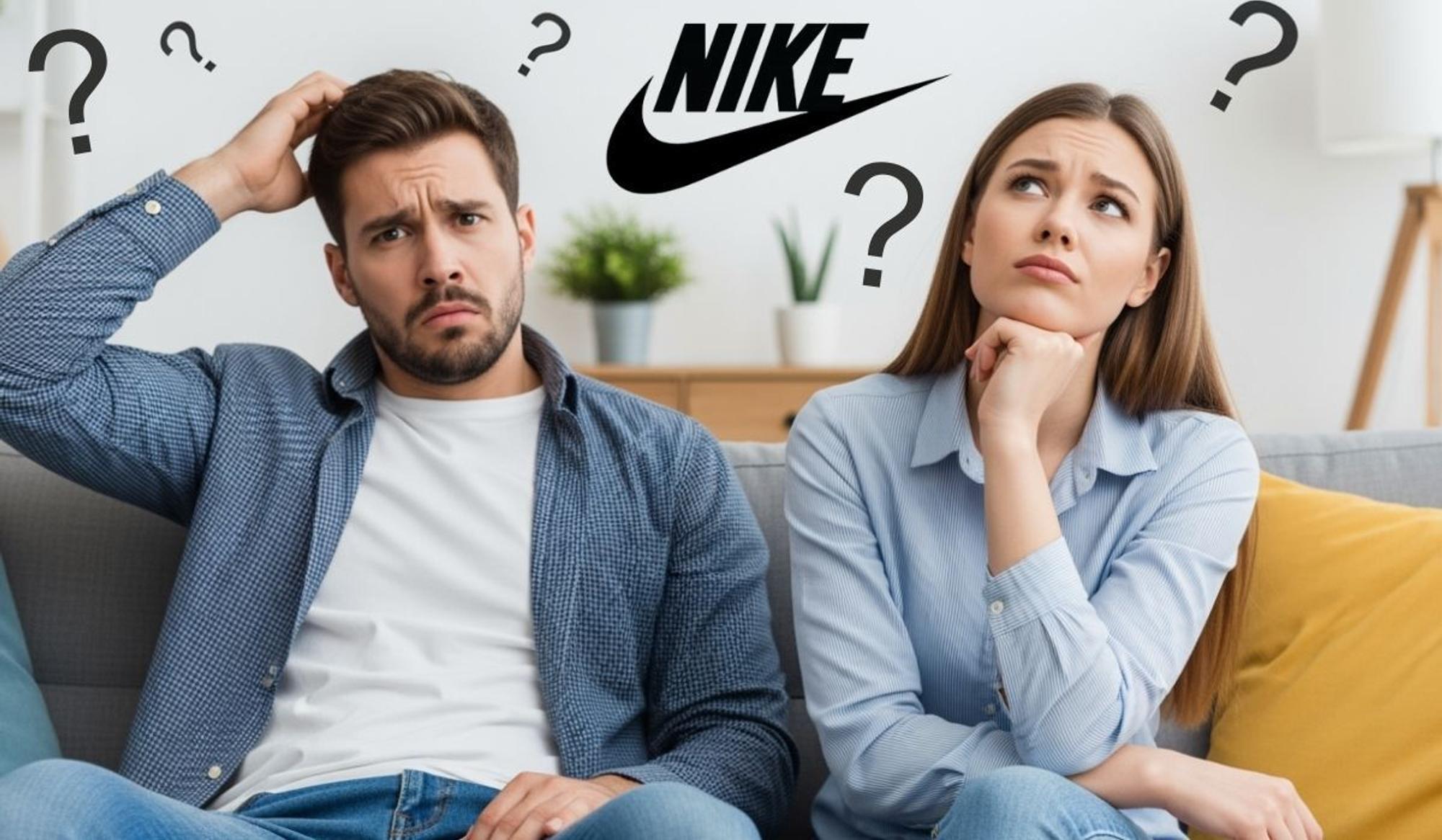 Ein junger Mann und eine junge Frau sitzen auf einer Couch und schauen nachdenklich, über ihren Köpfen sind Fragezeichen, zwischen ihnen das Logo der Marke Nike.