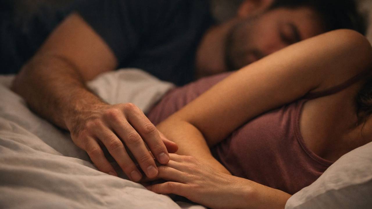 Paar liegt kuschelnd im Bett und schläft.