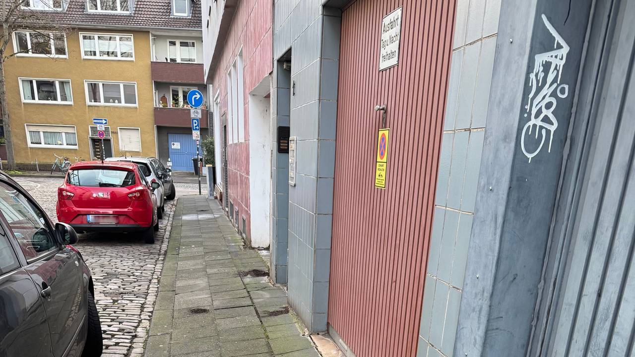 Erdhäufchen verteilen sich auf einem Gehweg vor Garageneinfahrten.