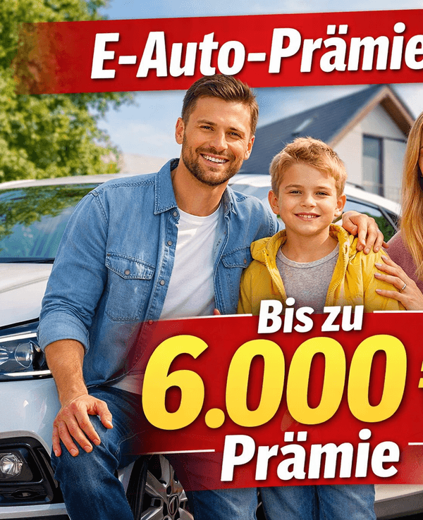 Familie im Mittelpunkt mit einer Aufladestation rechts und ein Auto im Hintergrund