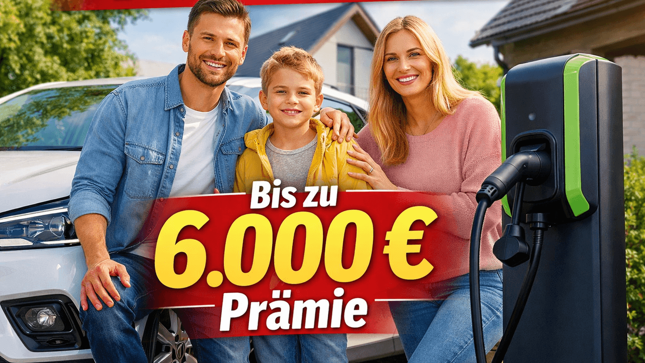 Familie im Mittelpunkt mit einer Aufladestation rechts und ein Auto im Hintergrund