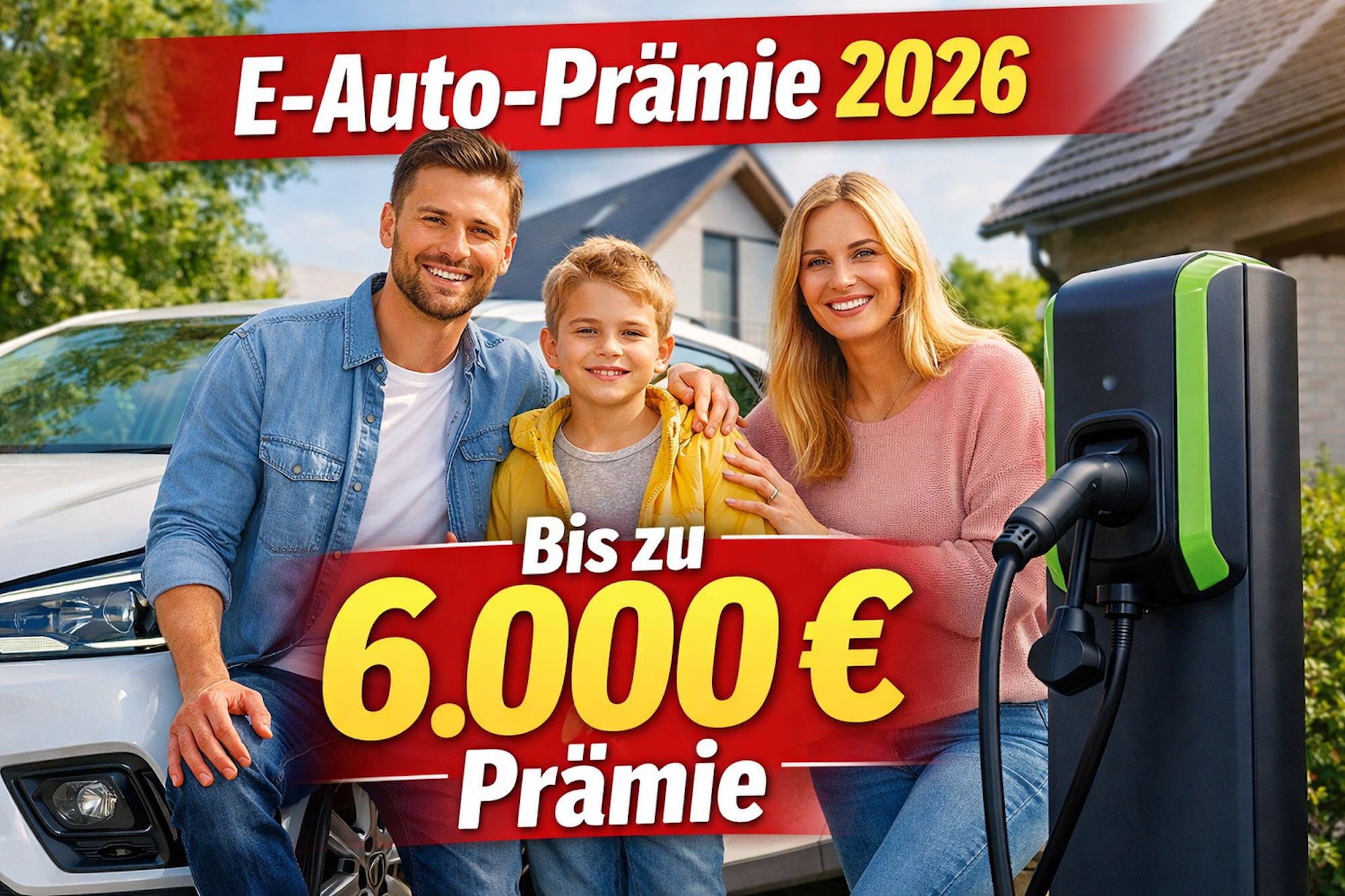 Familie im Mittelpunkt mit einer Aufladestation rechts und ein Auto im Hintergrund
