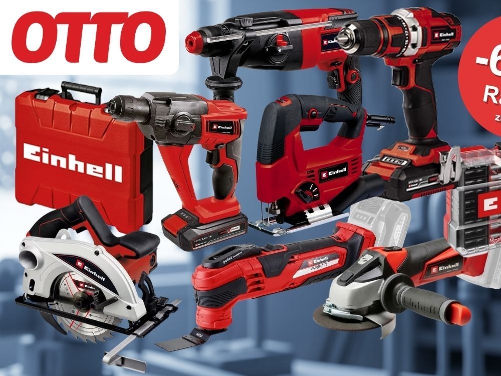Produktbild mit verschiedenen Einhell Werkzeugen wie Akku-Bohrschraubern, Winkelschleifern, Stichsägen, Kreissägen und Zubehör vor einem Hintergrund einer Werkstatt in kühlem Licht.