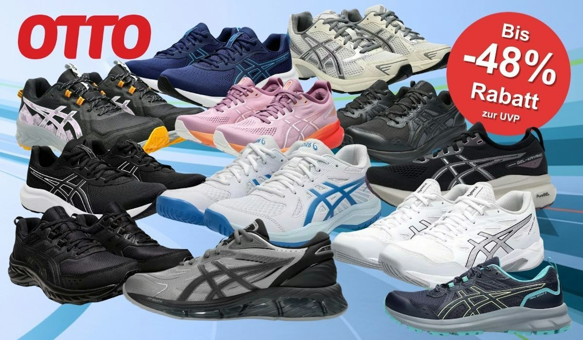 Asics Laufschuhe, Sportschuhe wie Gel Contend oder Gel Kayano und mehr in vielen Farben und Modellen vor einem kühl blauen Hintergrund.