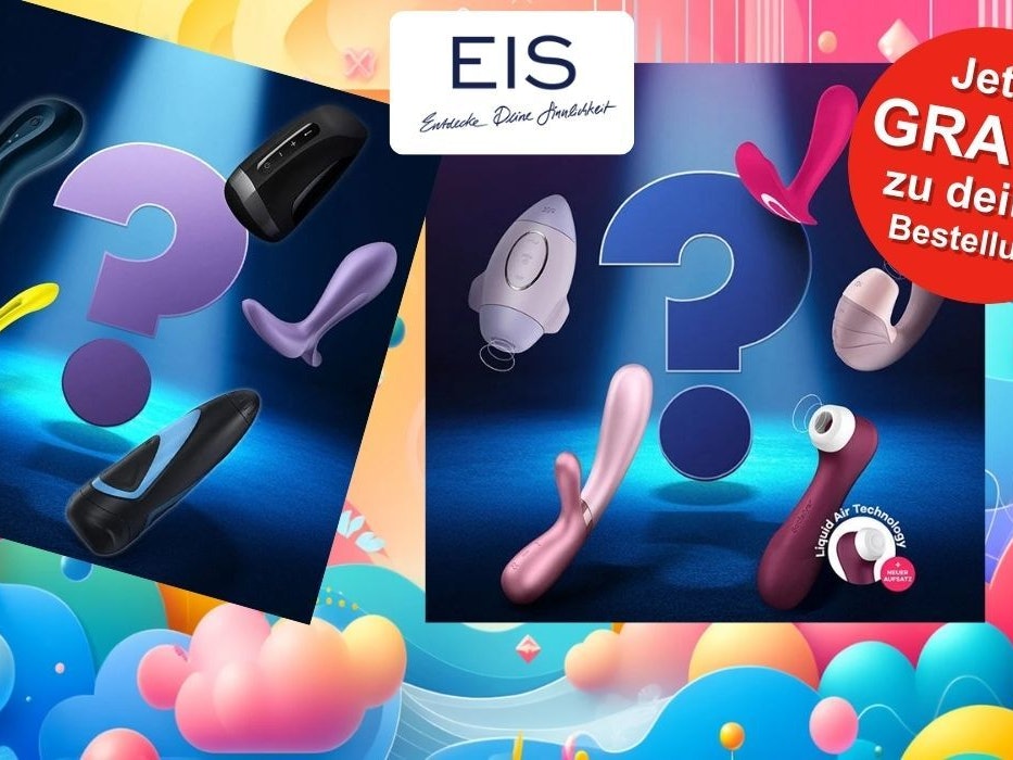Satisfyer Toys für Damen, Herren und Paare vor einem bunten Hintergrund mit geometrischen Formen.