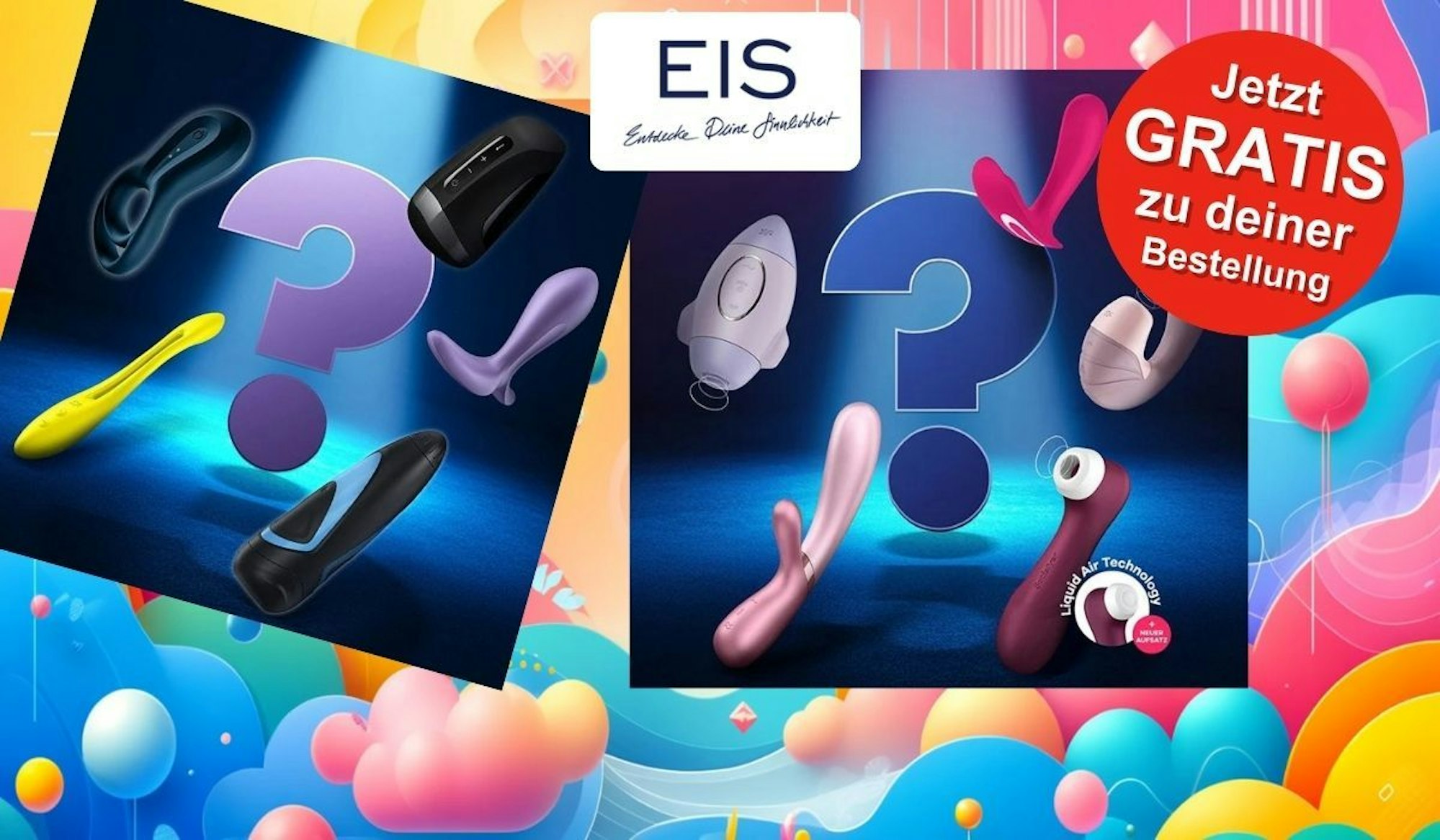 Satisfyer Toys für Damen, Herren und Paare vor einem bunten Hintergrund mit geometrischen Formen.
